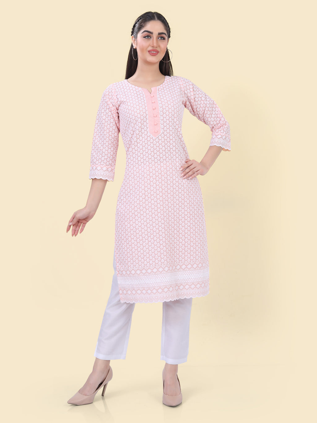 Ladies Pure Cotton White Chikankari Long Kurta, Size:  XS/S/M/L/XL/XXL/3XL/4XL at Rs 379 in Jaipur